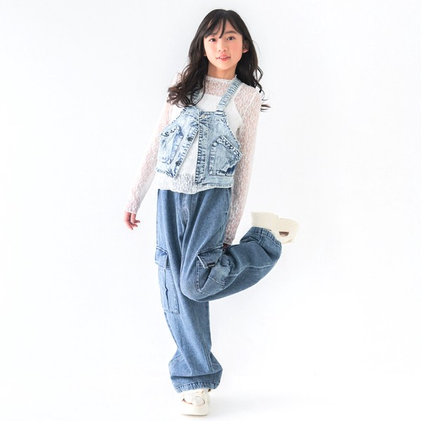 再入荷！人気140㎝150㎝160㎝　コットンデニム　カーゴパンツ　  裾アジャスターケミカルウオッシュ　3794