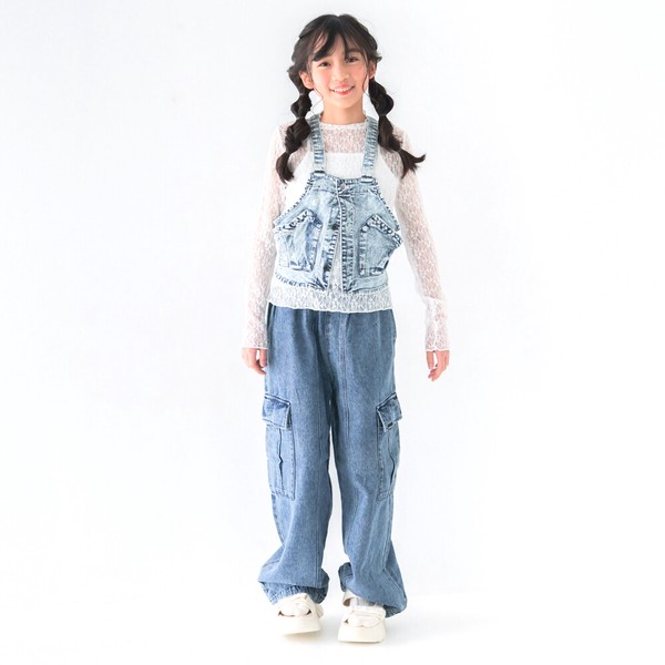 再入荷！人気140㎝150㎝160㎝　コットンデニム　カーゴパンツ　  裾アジャスターケミカルウオッシュ　3794