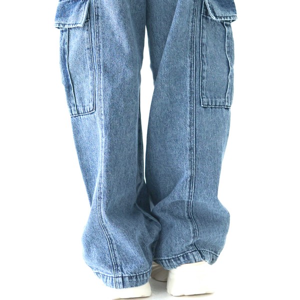 再入荷！人気140㎝150㎝160㎝　コットンデニム　カーゴパンツ　  裾アジャスターケミカルウオッシュ　3794