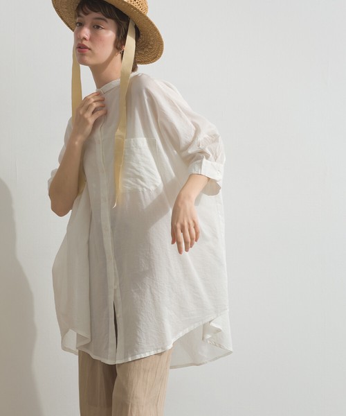 コットンボイル 切替え バックギャザー ブラウス バンドカラー 前開き 春夏 SS【2026春夏新作】