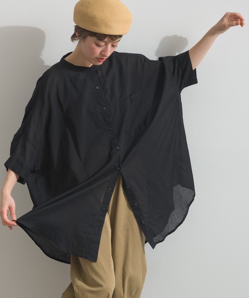 コットンボイル 切替え バックギャザー ブラウス バンドカラー 前開き 春夏 SS【2026春夏新作】