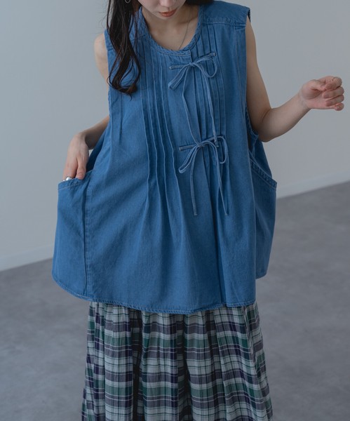 【2026SS新商品】デニムタックノースリブラウス / 袖なし　ベスト　トップス　デニム