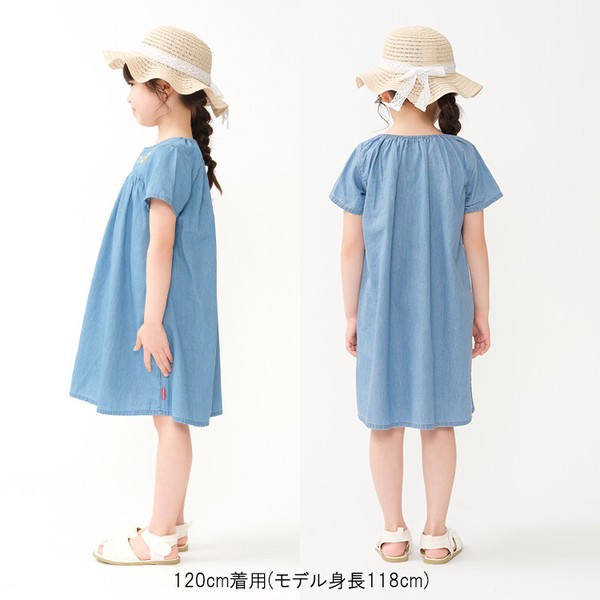 お花刺繍デニム半袖ワンピース  M446306  本体綿100％  ライトオンス  後ろ衿ぐりゴム仕様  着脱スムーズ
