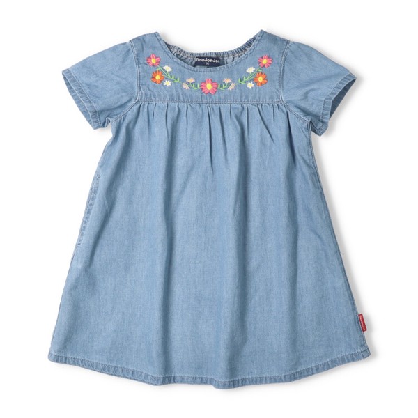 お花刺繍デニム半袖ワンピース  M446306  本体綿100％  ライトオンス  後ろ衿ぐりゴム仕様  着脱スムーズ