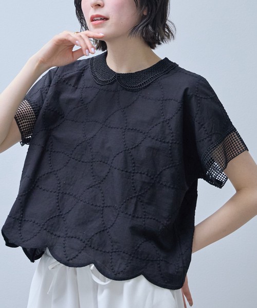 【即納】【7/上旬〜予約販売】襟付き裾スカラップ 刺繡ブラウス　2026SS　新作人気  chouchou東京