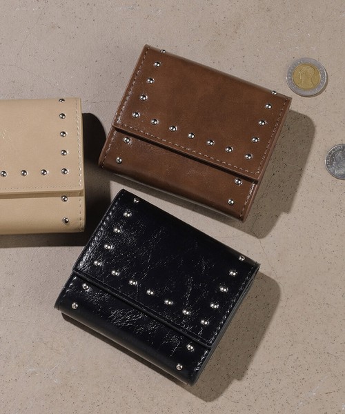 財布 レディス 三つ折り財布 さいふ ミニ ボックスコイン 小銭入れ 合皮 スタッズ 鋲 ビンテージ リザード