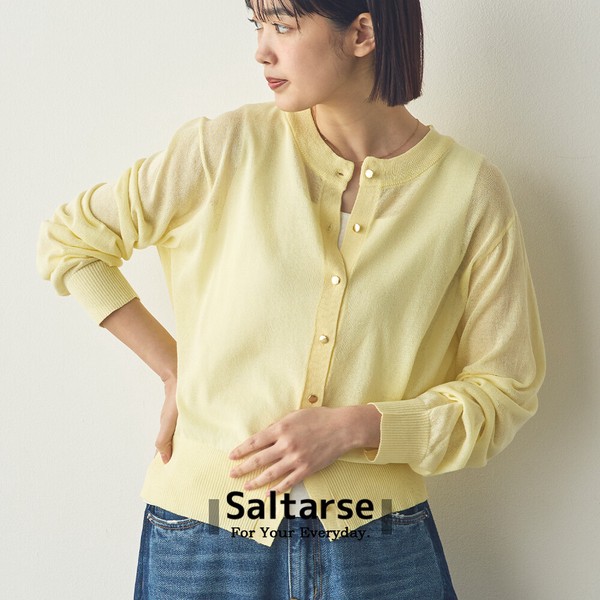 【Saltarse】接触冷感UV・ウォッシャブル シアーゴールドボタンクルーネックカーディガン