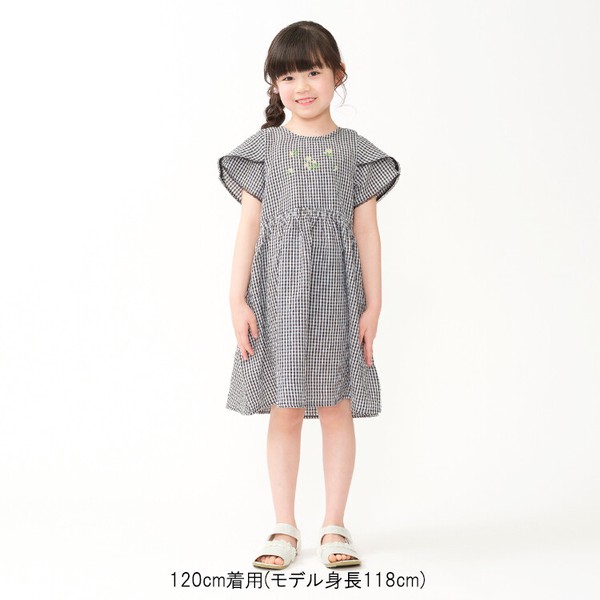 お花刺繍ギンガムチェック半袖ワンピース N46398 後衿ぐりゴム仕様 着脱スムーズ ふんわり袖 レース お上品