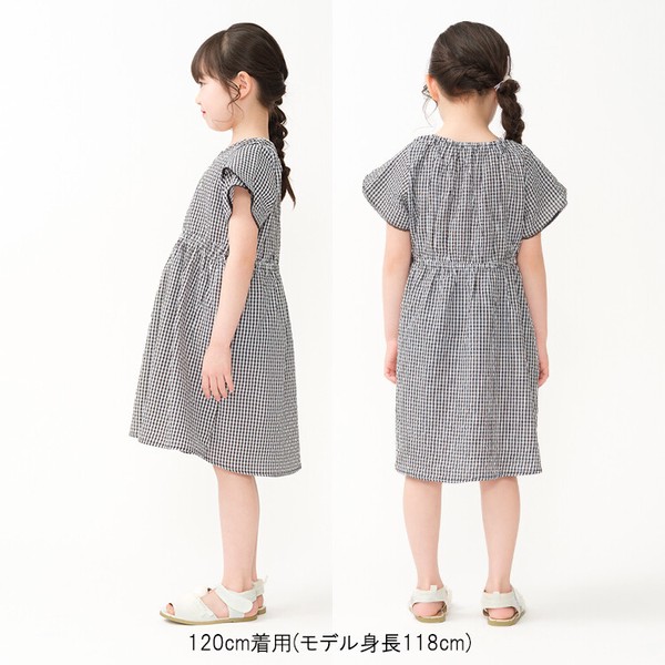 お花刺繍ギンガムチェック半袖ワンピース N46398 後衿ぐりゴム仕様 着脱スムーズ ふんわり袖 レース お上品