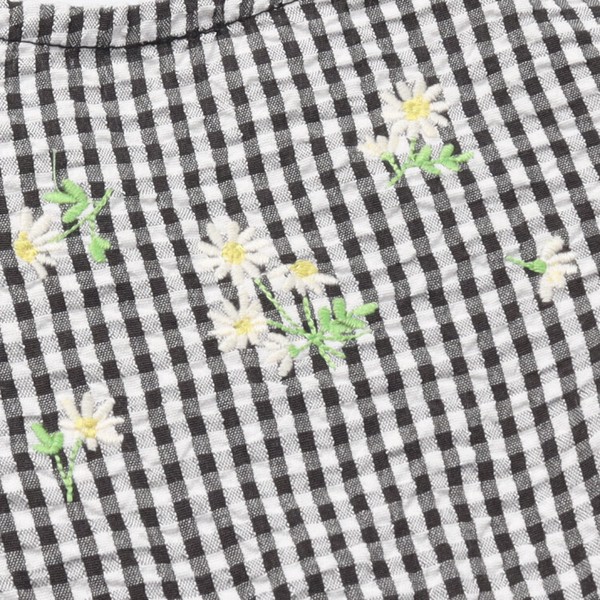 お花刺繍ギンガムチェック半袖ワンピース N46398 後衿ぐりゴム仕様 着脱スムーズ ふんわり袖 レース お上品