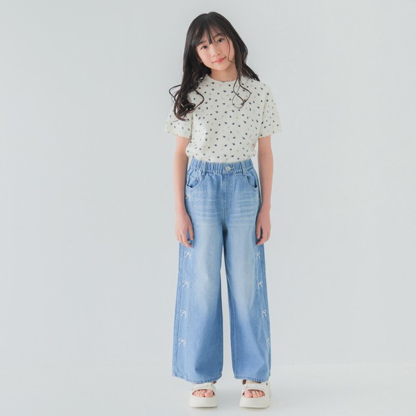 再入荷！人気ソフトタッチ！　コットンデニム　サイド刺繡　ワイドデニムパンツ　　40184　120㎝-160㎝