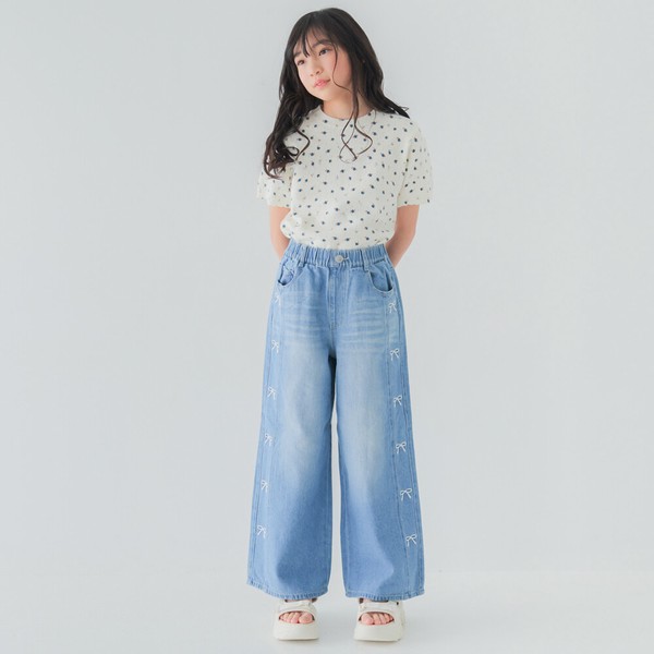 再入荷！人気ソフトタッチ！　コットンデニム　サイド刺繡　ワイドデニムパンツ　　40184　120㎝-160㎝