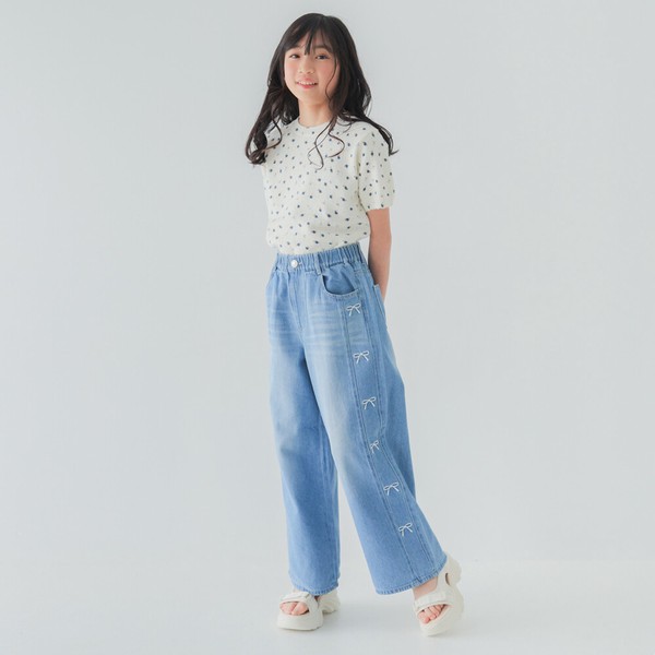 再入荷！人気ソフトタッチ！　コットンデニム　サイド刺繡　ワイドデニムパンツ　　40184　120㎝-160㎝
