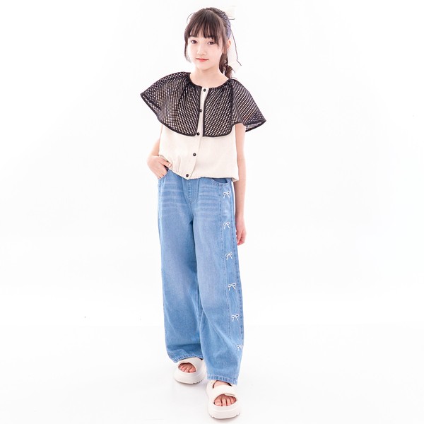 再入荷！人気ソフトタッチ！　コットンデニム　サイド刺繡　ワイドデニムパンツ　　40184　120㎝-160㎝