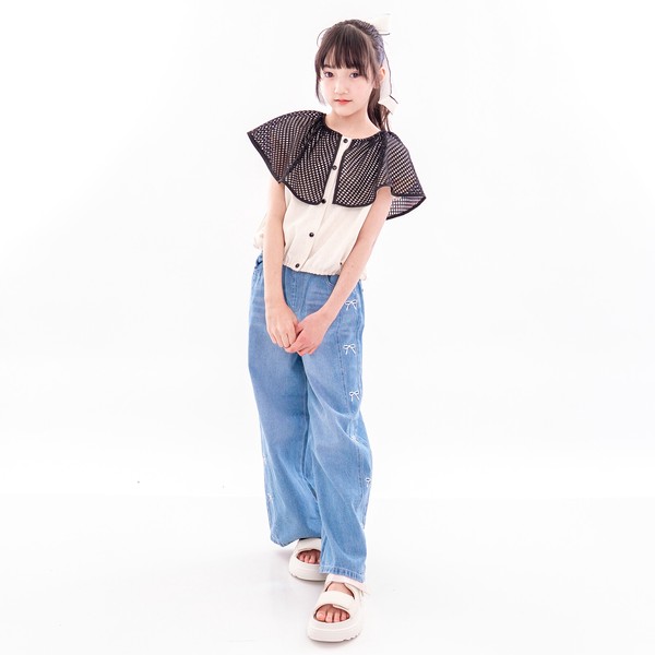 再入荷！人気ソフトタッチ！　コットンデニム　サイド刺繡　ワイドデニムパンツ　　40184　120㎝-160㎝