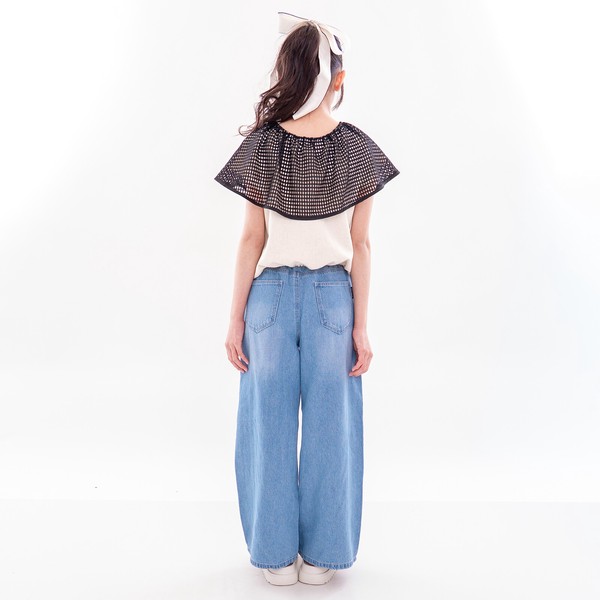 再入荷！人気ソフトタッチ！　コットンデニム　サイド刺繡　ワイドデニムパンツ　　40184　120㎝-160㎝