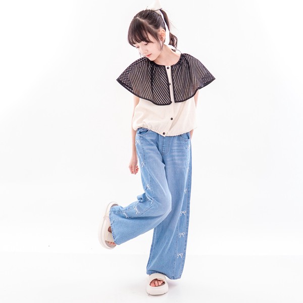 再入荷！人気ソフトタッチ！　コットンデニム　サイド刺繡　ワイドデニムパンツ　　40184　120㎝-160㎝