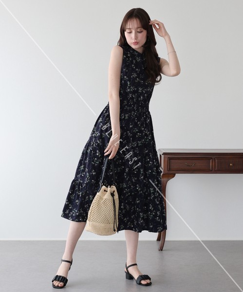【再入荷】【定番】《花柄＆無地＆ドット柄スタンドカラーワンピース》接触冷感　ノースリーブ