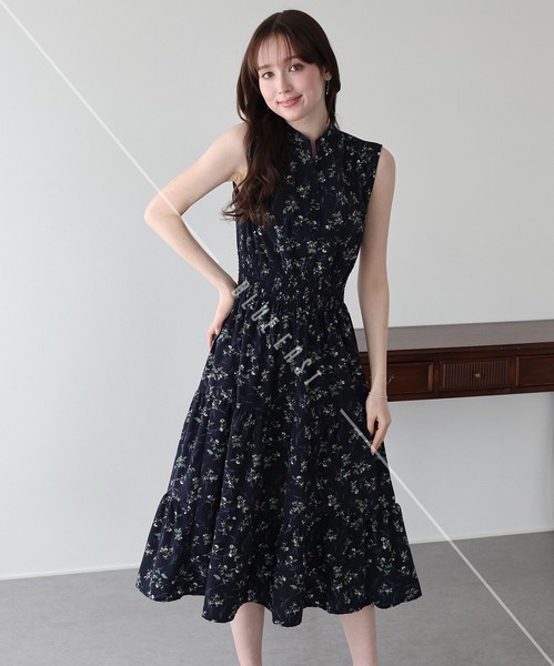 【再入荷】【定番】《花柄＆無地＆ドット柄スタンドカラーワンピース》接触冷感　ノースリーブ
