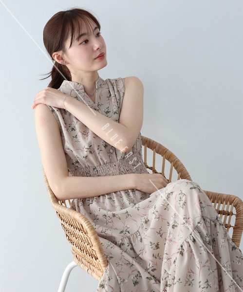 【再入荷】【定番】《花柄＆無地＆ドット柄スタンドカラーワンピース》接触冷感　ノースリーブ