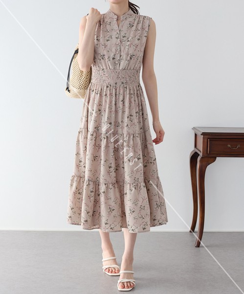 【再入荷】【定番】《花柄＆無地＆ドット柄スタンドカラーワンピース》接触冷感　ノースリーブ