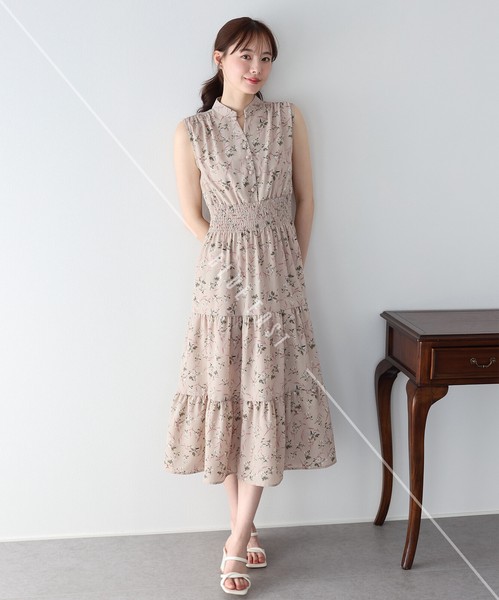 【再入荷】【定番】《花柄＆無地＆ドット柄スタンドカラーワンピース》接触冷感　ノースリーブ