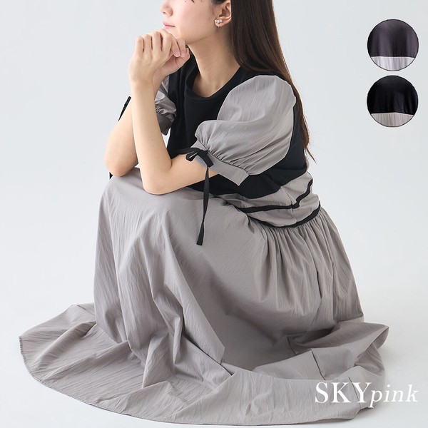【WEB限定特別価格】リボン付ガーリー切替ワンピース　skypink東京
