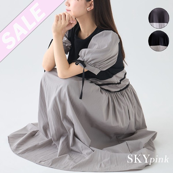 【WEB限定特別価格】リボン付ガーリー切替ワンピース　skypink東京