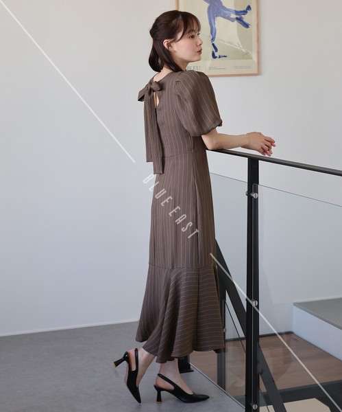 ★新色追加★【バックリボンマーメイドワンピース】半袖　ロングワンピース　ドット