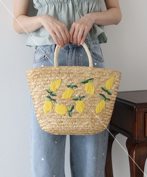 再入荷【フルーツ刺繍かごバッグ】鞄　 ハンドバッグ　かごバッグ　刺繍