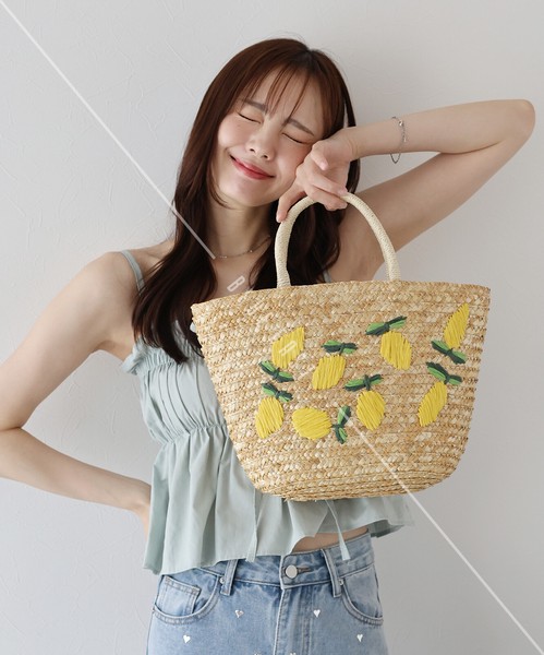 再入荷【フルーツ刺繍かごバッグ】鞄　 ハンドバッグ　かごバッグ　刺繍