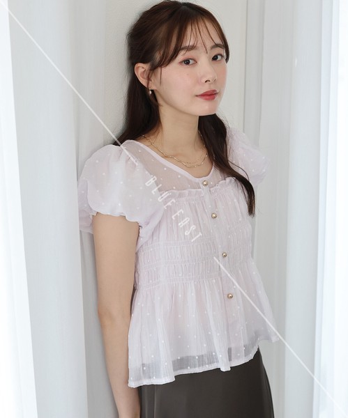 【人気】【再入荷】《ドットシャーリングブラウス》ブラウス　トップス　半袖  ドット　パフスリーブ