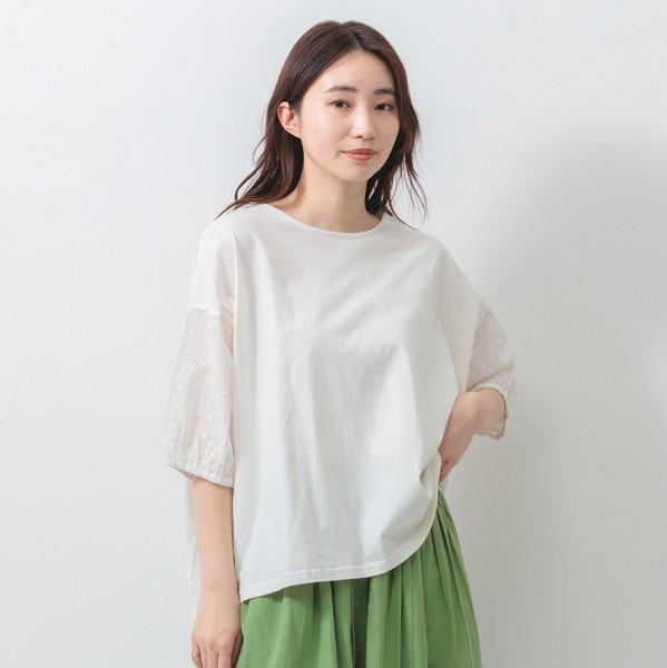 【2026新作】天竺×刺繍切替で華やか見え◎体型カバーも叶う異素材ブラウス