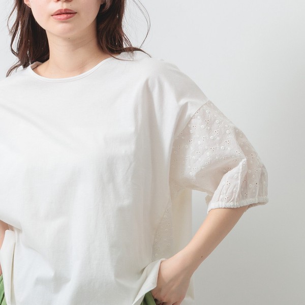 【2026新作】天竺×刺繍切替で華やか見え◎体型カバーも叶う異素材ブラウス