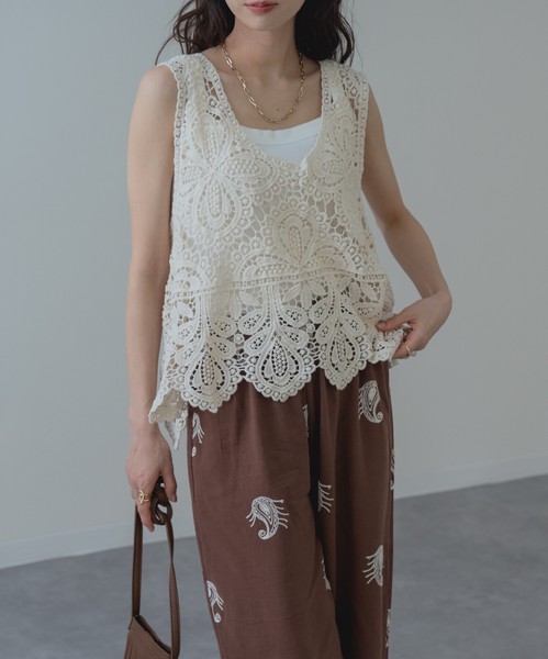 ◇再入荷◇【2026SS新商品】レースタンク　タンクトップ　レーストップス　カギ編み　クロシェ編み