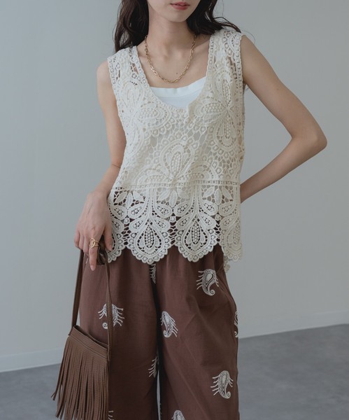 ◇再入荷◇【2026SS新商品】レースタンク　タンクトップ　レーストップス　カギ編み　クロシェ編み