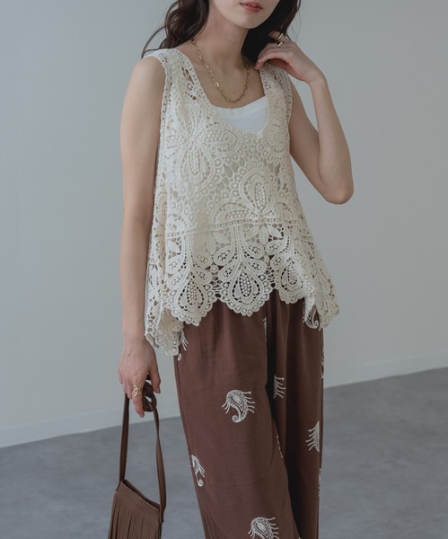 ◇再入荷◇【2026SS新商品】レースタンク　タンクトップ　レーストップス　カギ編み　クロシェ編み