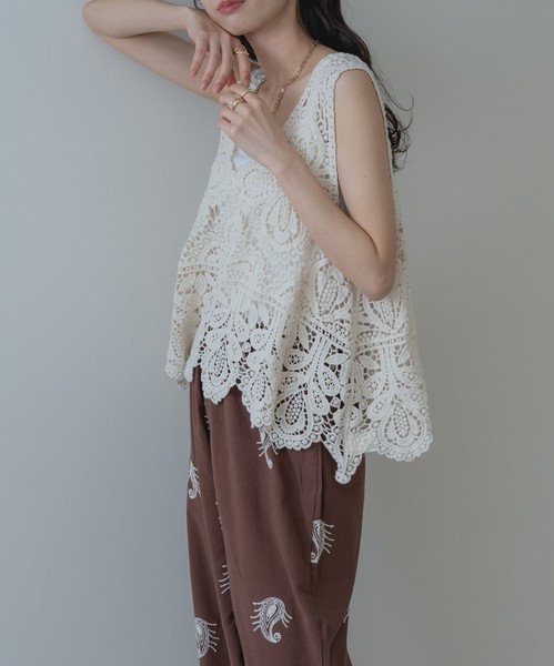 ◇再入荷◇【2026SS新商品】レースタンク　タンクトップ　レーストップス　カギ編み　クロシェ編み