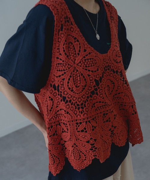 ◇再入荷◇【2026SS新商品】レースタンク　タンクトップ　レーストップス　カギ編み　クロシェ編み