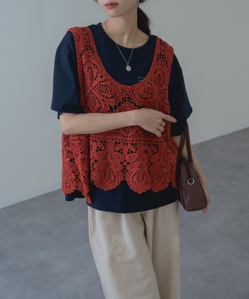◇再入荷◇【2026SS新商品】レースタンク　タンクトップ　レーストップス　カギ編み　クロシェ編み