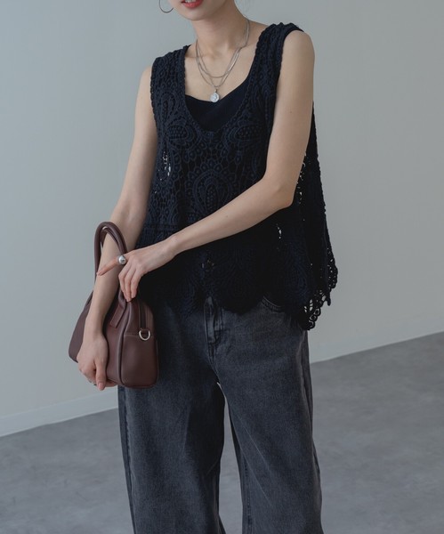 ◇再入荷◇【2026SS新商品】レースタンク　タンクトップ　レーストップス　カギ編み　クロシェ編み