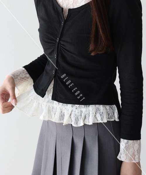 2026新作【レースレイヤードギャザーTシャツ】トップス　ギャザー  　レイヤード
