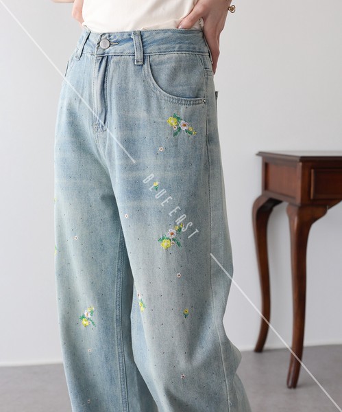 2026新作【フラワーブーケ刺繍デニムパンツ】ボトム　デニム　フラワー刺繍