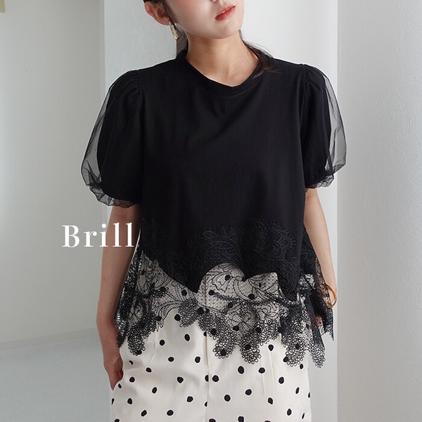 Tシャツ レディース トップス レースドキングTシャツ バルーン袖 チュール袖 裾レース カットソー  26114