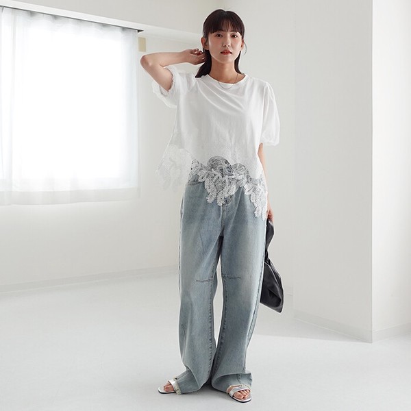 Tシャツ レディース トップス レースドキングTシャツ バルーン袖 チュール袖 裾レース カットソー  26114