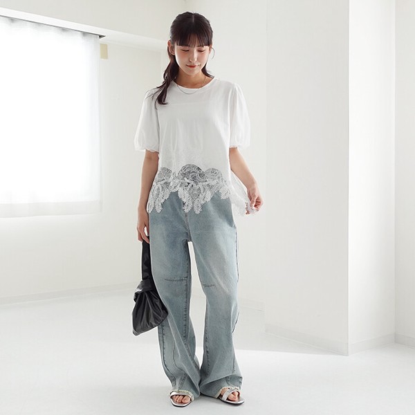 Tシャツ レディース トップス レースドキングTシャツ バルーン袖 チュール袖 裾レース カットソー  26114