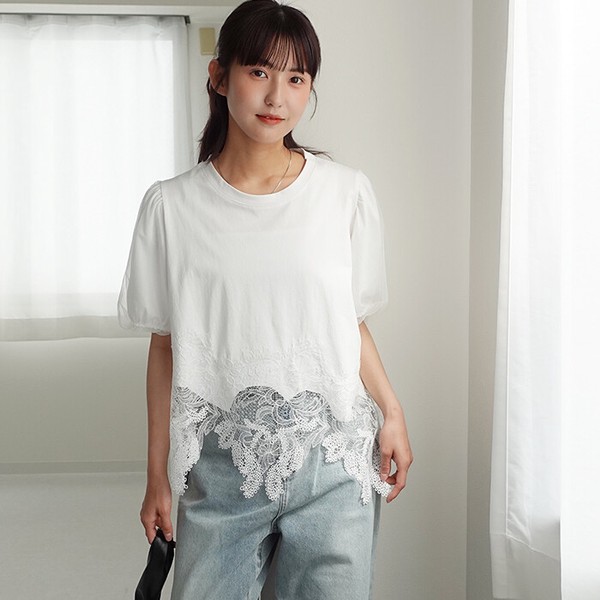 Tシャツ レディース トップス レースドキングTシャツ バルーン袖 チュール袖 裾レース カットソー  26114