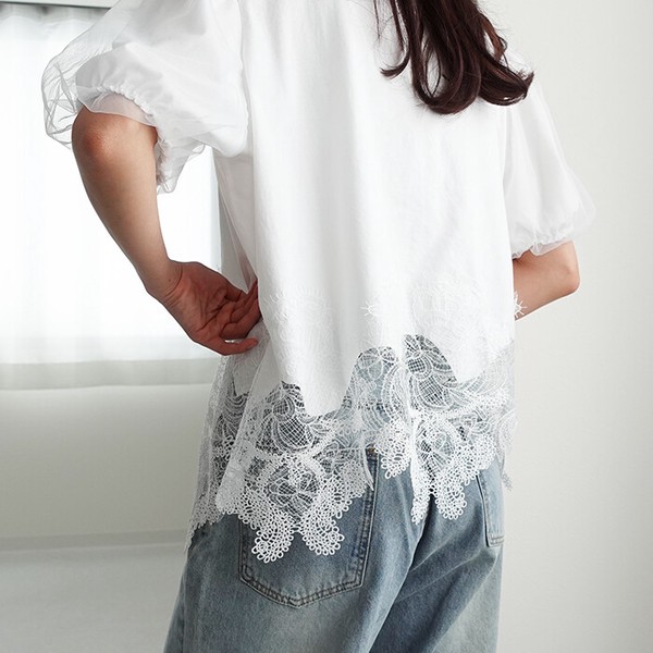 Tシャツ レディース トップス レースドキングTシャツ バルーン袖 チュール袖 裾レース カットソー  26114