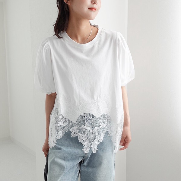 Tシャツ レディース トップス レースドキングTシャツ バルーン袖 チュール袖 裾レース カットソー  26114