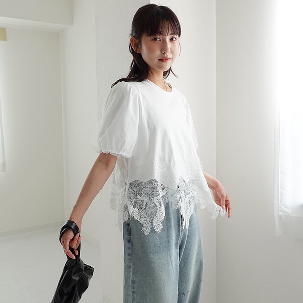 Tシャツ レディース トップス レースドキングTシャツ バルーン袖 チュール袖 裾レース カットソー  26114